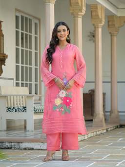 Zolo Label - Premium Pink Embroidered Straight Kurta with Palazzo