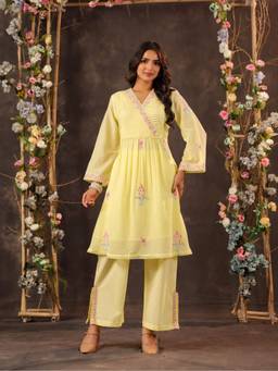 Zolo Label - Premium Yellow Embroidered Angrakha Style Kurta with Palazzo