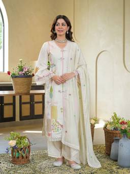 Zolo Label - Premium Off White Embroidered Kurta with Palazzo and Dupatta