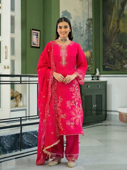 Zolo Label - Festive Red Embroidered Straight Kurta with Pant and Dupatta