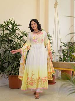 Zolo Label - Off White Premium Floral Embroidered Anarkali Kurta with Pant and Dupatta