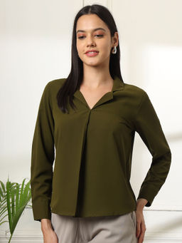 FITHUB - Olive Women's Cuffed Sleeves Cuban Collar Opaque Shirt Style Top