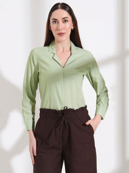 FITHUB - Green Cuffed Sleeves Opaque Shirt Style Top