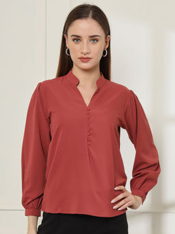 FITHUB - Rust Women's Mandarin Collar Formal Top with Pom Pom Work