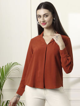 FITHUB - Rust Women's Cuffed Sleeves Cuban Collar Opaque Shirt Style Formal Top