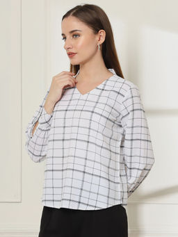 FITHUB - White Women's V-Neck Regular Sleeves A-Line Printed Formal Top