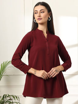FITHUB - Maroon Women Solid Mandarin Collar Longline Tops