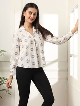 FITHUB - Cream Geometric Printed Cuffed Sleeves Opaque Shirt Style Top