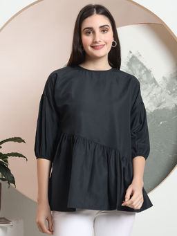 FITHUB - Black Women Solid Round Neck Puff Sleeves Top