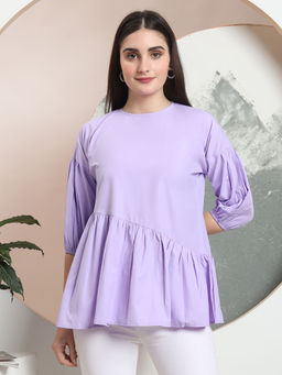 FITHUB - Lavender Women Solid Round Neck Puff Sleeves Top