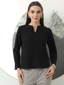 FITHUB - Black Women's Mandarin Collar Regular Sleeve Simple Design Top