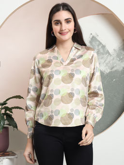 FITHUB - Cream Trendy Printed V-Neck Top for Women