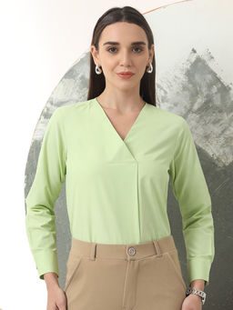 FITHUB - Green Women's Solid V-Neck Regular Fit Casual Top