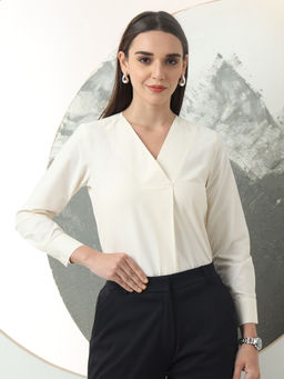 FITHUB - Cream Women's Solid V-Neck Regular Fit Casual Top