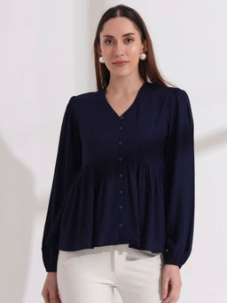 FITHUB - Navy Blue Solid Puff Sleeves V-Neck Loose Waist Top