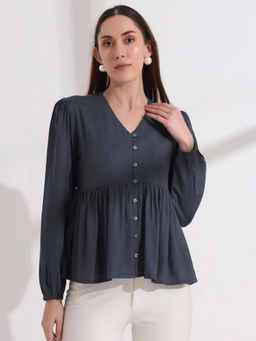 FITHUB - Grey Solid Puff Sleeves V-Neck Loose Waist Top