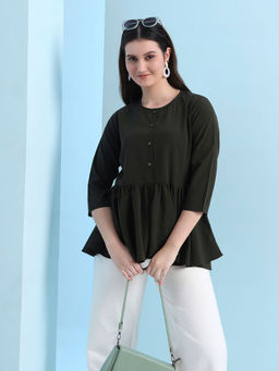 FITHUB - Olive Round-Neck A-Line Tunic with Regular Sleeves