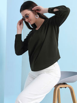 FITHUB - Olive Stylish V-Neck Top with Puff Sleeves