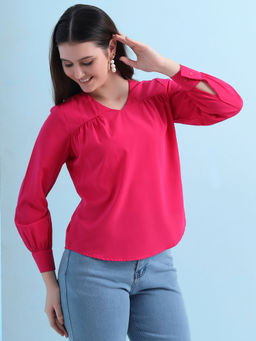 FITHUB - Pink Stylish V-Neck Top with Puff Sleeves