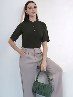 FITHUB - Olive Women High-Neck Regular Sleeve Shirt Style Top