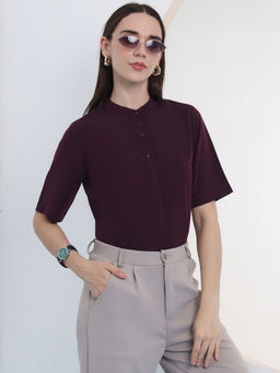 FITHUB - Wine Women High-Neck Regular Sleeve Shirt Style Top