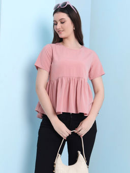 FITHUB - Peach Women Round Neck Ruffle Top and Tunic