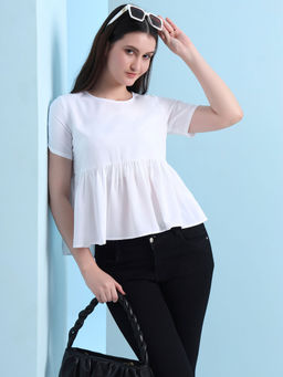 FITHUB - White Women Round Neck Ruffle Top and Tunic