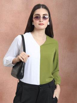 FITHUB - Green V-Neck Regular Fit Two-Color Top for Women