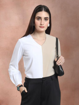 FITHUB - Cream V-Neck Regular Fit Two-Color Top for Women
