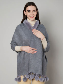 MUFFLY - Women Cashmere Woolen Reversible Stole with Faux Fur In Neck