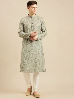 Sanwara - Mens Cotton Floral Printed Green Color Kurta with Churidar (Set of 2)