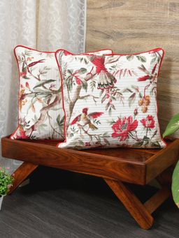 The Home Story - Cushion Covers Set of 2 - 18 x 18 Inches - Red Flowers & Birds