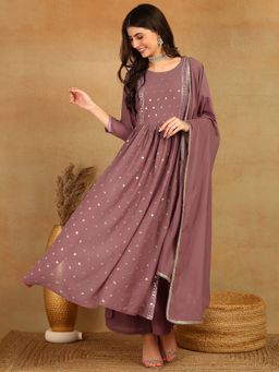 Vaamsi - Women Mauve Georgette Embroidered Straight Kurta with Palazzo and Dupatta (Set of 3)