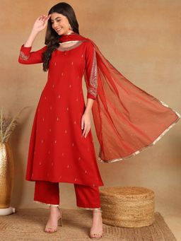 Vaamsi - Red Silk Blend Solid Embroidered A-Line Kurta Pant with Dupatta (Set of 3)
