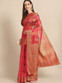 Odette - Pink Woven Organza Saree with Unstitched Blouse