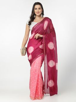 KISHORI - Women Silk Bandhani and Zari Weaving Saree with Unstitched Blouse - Wine & Pink