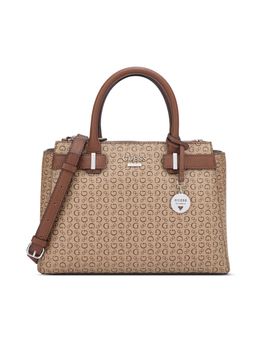Guess - Women Light Brown Printed Reena Satchel Bag with Detachable Strap