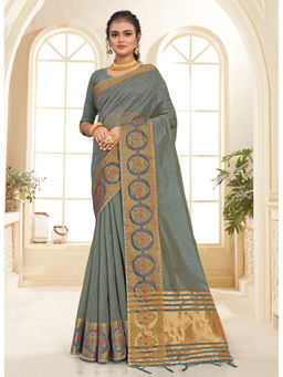 Sangam Prints - Grey Siroski Work Traditional Tassle Saree with Unstitched Blouse