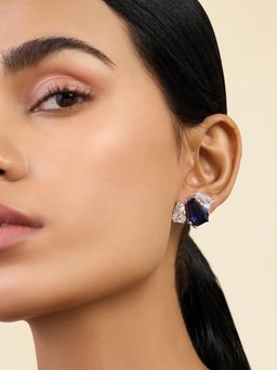 Isharya - Triple Stone Blue Corumdum Studs In Rhodium Plating