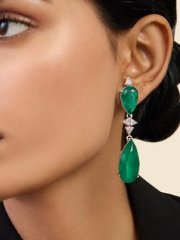 Isharya - Pear Cut Emerald Drop Earrings In Rhodium Plating
