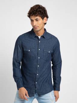Spykar - Men Dark Blue Cotton Slim Fit Denim Shirt