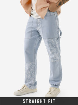 The Souled Store - Mens Air Blue Printed Straight Fit Jeans