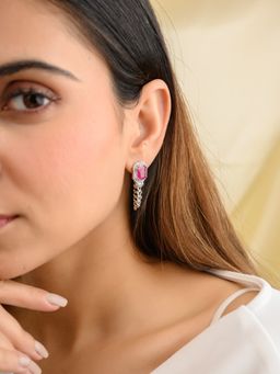 METALM - White Pink CZ Studs with Chain Earring in 925 Silver
