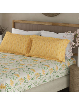 Boutique Living - Valatia 200 TC Yellow & Green Floral King Fitted Bedsheet with 2 Pillow Covers