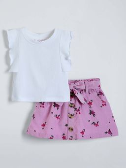 Hopscotch - White Printed Top with Skirt and Belt