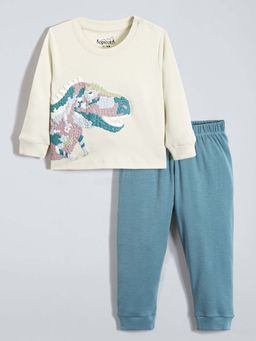 Hopscotch - Cream Self Design Sweatshirt and Joggers