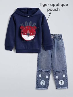 Hopscotch - Navy Blue Printed Hoodie and Jeans