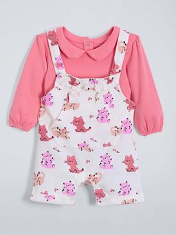 Hopscotch - White Printed Top and Dungaree