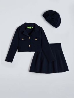 Hopscotch - Navy Blue Solid Jacket with Skirt and Cap