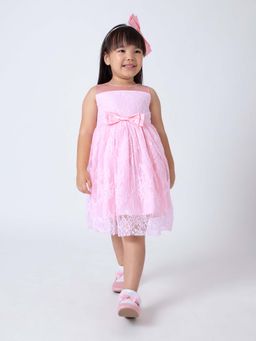 Hopscotch - Pink Self Design Dress with Shrug and Headband